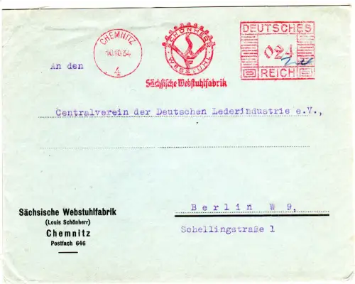 DR 1934, 24 Pf. AFSt. Schönherr Webstuhl... Webstuhlfabrik auf Brief v. Chemnitz
