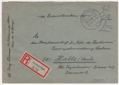 1946, hds. "42 Geb bez" auf Einschreiben Brief v. Uchtspringe. Geprüft.