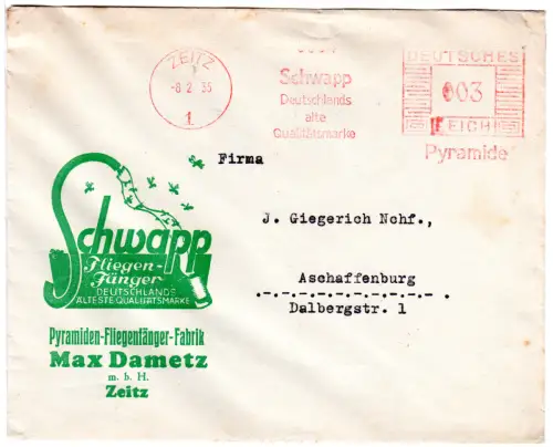 DR 1935, 3 Pf. AFSt. Schwapp Pyramiden Fliegen-Fänger auf Brief v. Zeitz