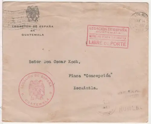 Guatemala 1942, Legation De Espana, portofreier Brief nach Escuitla