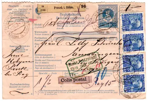 Österreich 1908, 4x25 H. auf 10 H. Paketkarte v. Prosek in Böhmen i.d. Schweiz.