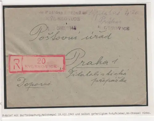 Tschechoslowaki 1945, Brief m. Kylesovice Notstempel u. prov. Reko-Zettel 