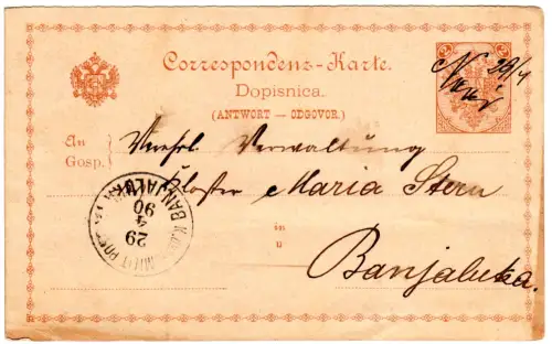 Bosnien 1890, 2 Kr Ganzsache m. hds. Entwertung "Novi 29/4" u. Ank.-K1 Banjaluka