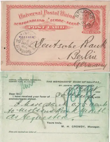 Newfoundland 1900, gebr. 2 C. Ganzsache m. rückseitigem Bankzudruck