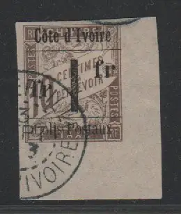 Elfenbeinküste P11 II Type V, breitr. 1 F. Colis Posteaux, Eckrandstück. Geprüft