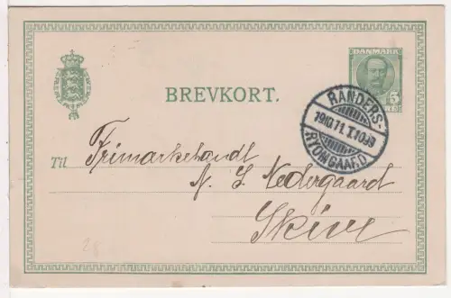 Dänemark 1911, Bahnpost Stpl. Randers-Ryomgaard T.1099 klar auf 5 öre Ganzsache