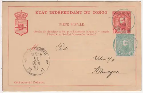 Belgisch Kongo 1893, 5 C. auf 10 C. Ganzsachenkarte v. K1 Boma n. Deutschland