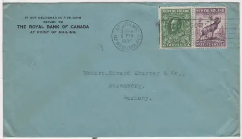 Neufundland 1936, 2+5 C. auf Bank Brief v. St. John`s n. Deutschland