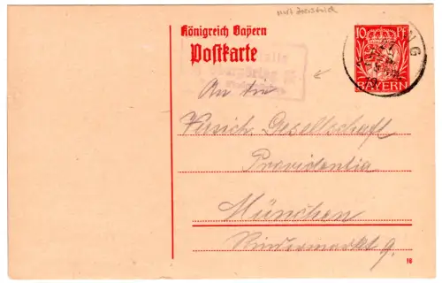 Bayern 1919, Posthilfstelle OBERPÖRING Taxe Niederpöring auf 10 Pf. Ganzsache