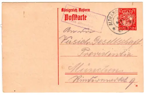 Bayern 1919, Posthilfstelle MOOSBACH Taxe Altrandsberg auf 10 Pf. Ganzsache