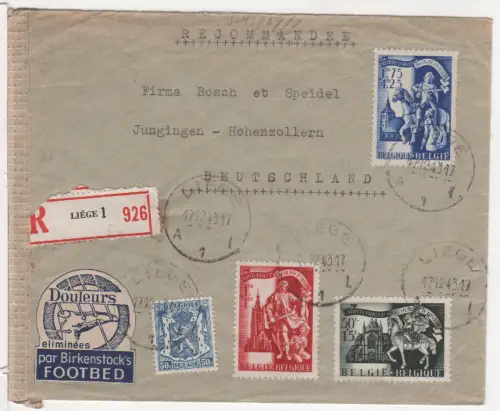 Belgien 1943, 4 Marken auf Birkenstock Einschreiben Brief v. Liège n Deutschland