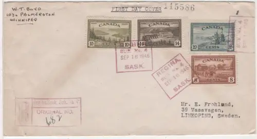 Kanada 1946, 8+10+14+20 C. auf Reko Brief m. Ersttagsstempel v. Regina. FDC!