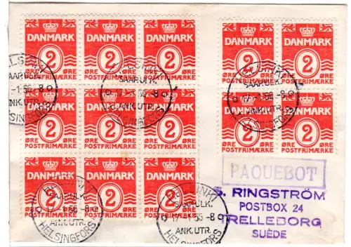 Dänemark 1956, 13x2öre auf Schiffspost Brief m. R1 PAQUEBOT v. Helsinki Finnland