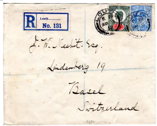 GB 1912, 2+2 1/2d auf Einschreiben Brief v. Louth i.d. Schweiz