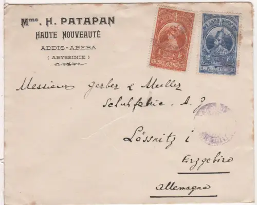 Äthiopien 1931, 1+2 G. auf Firmen Brief v. Addis-Ababa n. Deutschland