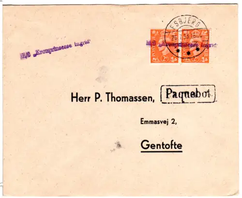 GB 1953, 2x2d auf Schiffsbrief n. Dänemark m. R1 Paquebot u. Stpl. Esbjerg 