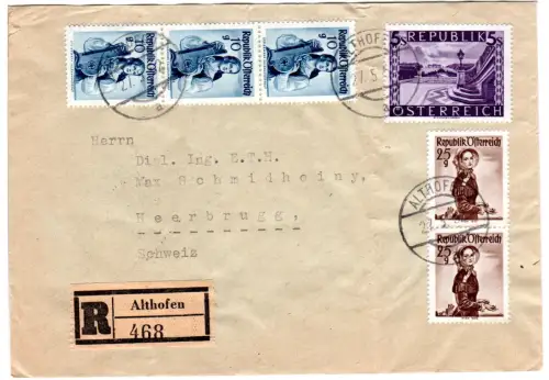 Österreich 1952, 5 S.+2x25+3x10 G. auf Reko Brief v. Althofen i.d. Schweiz