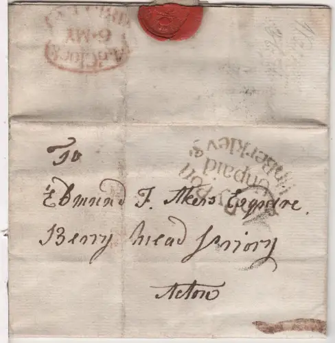 GB 1813, Two Py Post Unpaid Ldn Berkley Sq., clear strike on letter to Acton