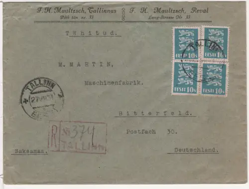 Estland 1931, 4x10 S. auf Firmen Einschreiben Brief v. Tallinn n. Deutschland