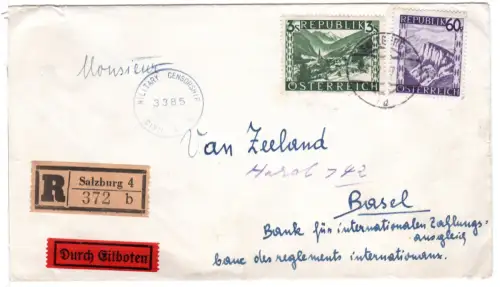 Österreich 1947, 3 S.+60 G. auf Reko Express Zensur Brief v. Innsbruck n. Basel