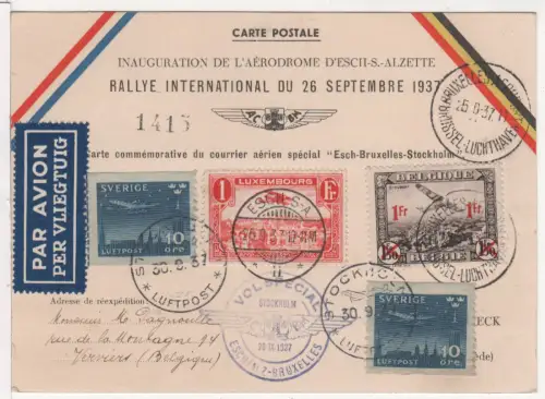 Luxemburg Belgien Schweden 1937, Dreiländerfrankatur auf Flugpost Sonderkarte