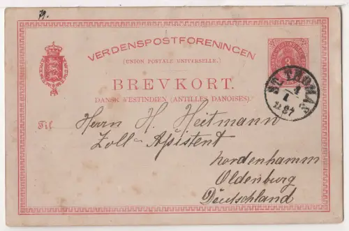 DWI 1887, 3 C. Ganzsache v. K1 St. Thomas n. Deutschland