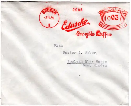 DR 1934, 3 Pf. AFSt. Eduscho der gute Kaffee auf Brief v. Bremen