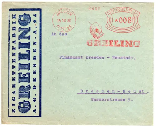 DR 1930, 8 Pf. AFSt. Greiling (Zigarren) m. Abb. auf Firmen Brief v. Dresden