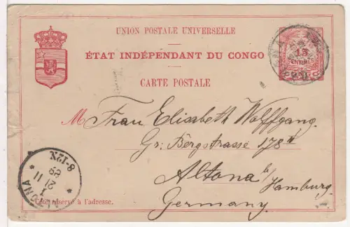 Belgisch Kongo 1889, 15 C. Ganzsachenkarte v. K1 Banana via Lisboa n. Altona