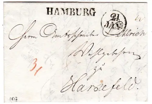 1807, L1 Hamburg (Feuser 1351-1) u. Datums-K1 auf Porto Brief ins Kgr. Hannover