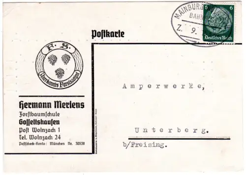 DR 1938, Bahnpost Stpl. Mainburg-Wolnzach auf Firmenkarte v. Gosseltshausen