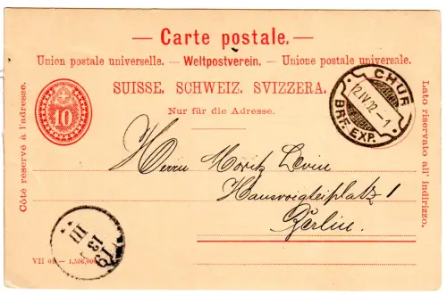 Schweiz 1902, 10 C. Ganzsache m. Rasierklingenstpl. v. Chur n. Deutschland.