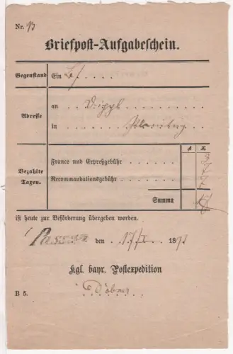 Bayern 1871, L1 Passau auf Express Postschein f. einen Einschreiben-AR Brief