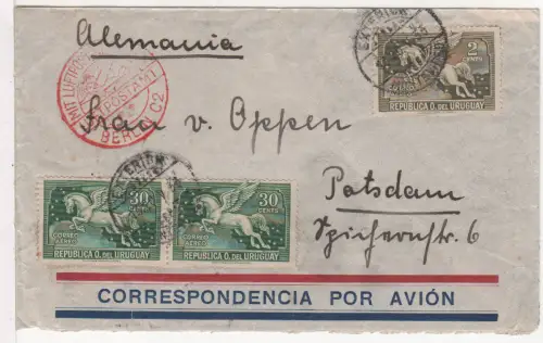 Uruguay 1933, 2+2x30 C. Correo Aereo auf Luftpost Brief v. Montevideo n. Potsdam