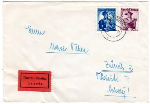 Österreich 1954, 5+2,40 S. Trachten auf Express Brief v. Linz i.d. Schweiz 