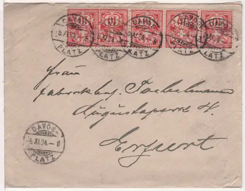 Schweiz 1894, 5x10 C Kreuz u. Wertziffer auf Brief v. Davos-Platz n. Deutschland