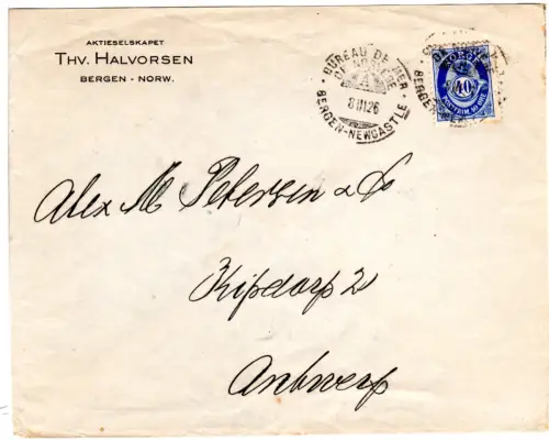 Norwegen 1926, 40 öre auf Brief m. Schiffspost-Stpl. v. Bergen n. Belgien