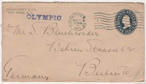 USA 1912, 5 C. Ganzsache Brief v. NY m. Schiffsstpl. OLYMPIC n. Berlin