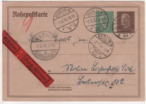 DR 1934, in Berlin per Eilboten gebr. 50+5 Pf. Rohrpost Ganzsachenkarte