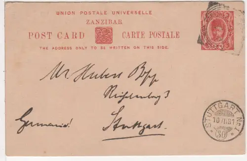 Zanzibar 1908, 6 C. Ganzsachenkarte m. Schiffsabsender n. Württemberg