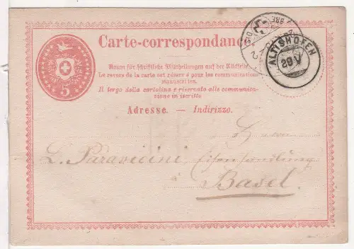 Schweiz 1873, Zwergstempel Altishofen auf 5 C. Ganzsachenkarte n. Basel