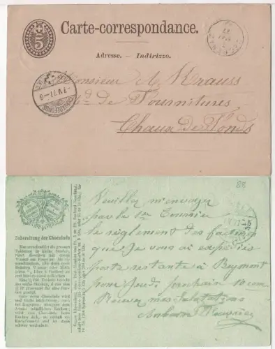 Schweiz 1877, 5 C. Ganzache v. L'Ecrenaz mit früher rücks. Suchard Werbung 