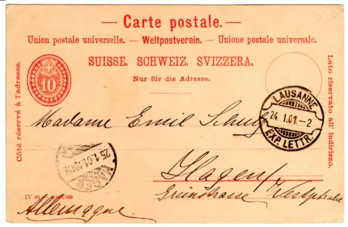 Schweiz 1901, 10 C. Ganzsache m. Rasierklingenstpl. v. Lausanne n. Deutschland.