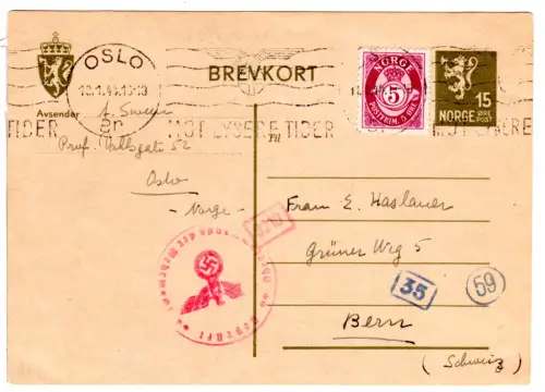 Norwegen 1944, 5 öre auf 15 öre Ganzsache v. Oslo m. dt. OKW-Zensur i.d. Schweiz