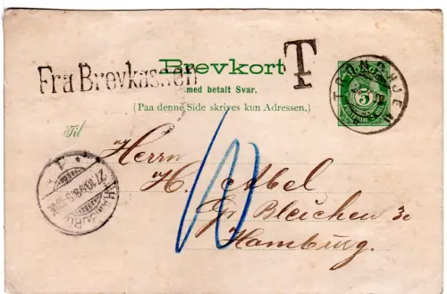 Norwegen 1899, 5 öre Ganzsache m. L1 Fra Brevkassen u. Portostpl. v. Trondhjem 