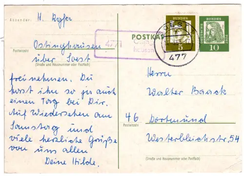 BRD 1963, Landpost Stpl. 4771 OSTINGHAUSEN auf 10 Pf. Ganzsache m. Zusatzfr.