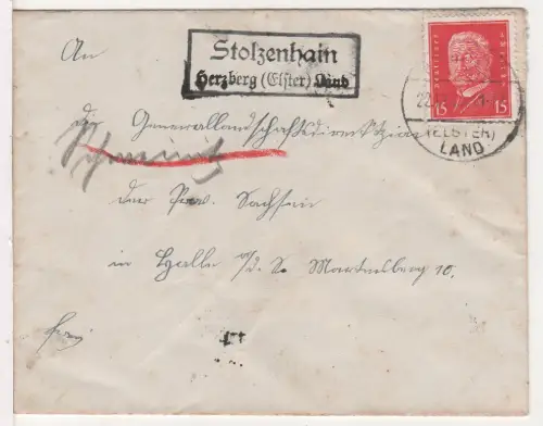 DR 1931, Landpost Stpl. STOLZENHAIN Herzberg (Elster) Land auf Brief m. 15 Pf.