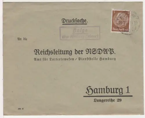 DR 1938, Landpost Stpl. BALGE über Nienburg (Weser) auf NSDAP Brief m. 3 Pf.