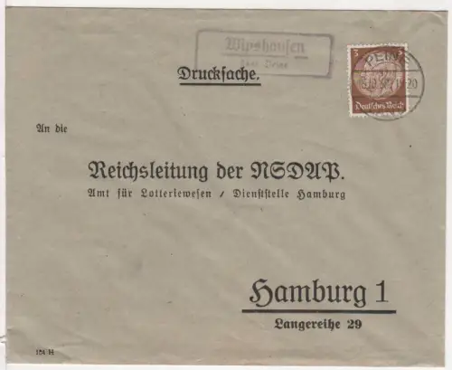 DR 1938, Landpost Stpl. WIPSHAUSEN über Peine auf NSDAP Brief m. 3 Pf.
