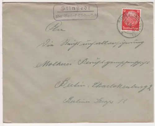 DR 1934, Landpost Stpl. STINSTEDT über Basbeck (Niederelbe) auf Brief m. 3 Pf.